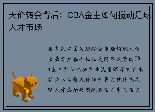 天价转会背后：CBA金主如何搅动足球人才市场