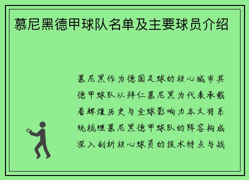 慕尼黑德甲球队名单及主要球员介绍
