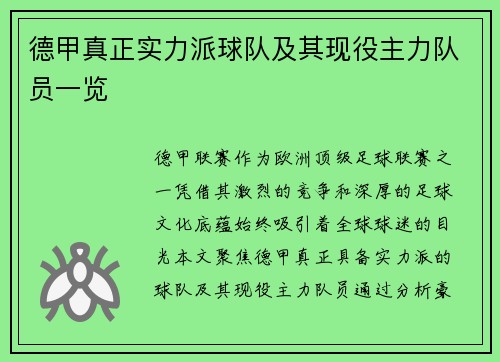 德甲真正实力派球队及其现役主力队员一览
